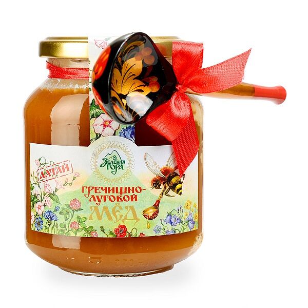Мёд Алтайский гречишно-луговой с деревянной ложкой, «Зелёная гора»