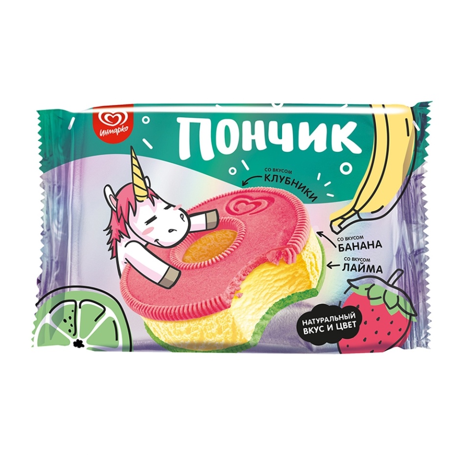 

Мороженое Инмарко пончик молочный Банан-Клубника-Лайм брикет 52 г