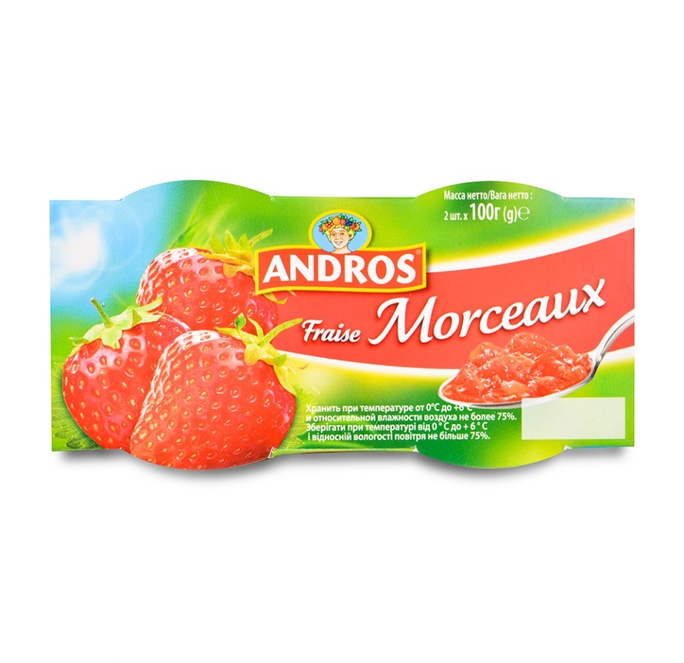 

Десерт фруктовый Andros Morceaux с кусочками клубники 2x100 г