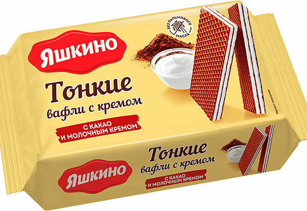 Вафли яшкино тонкие 144 г с какао и молочным кремом