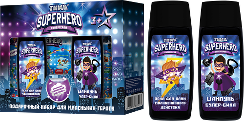 Набор подарочный для детей COMPLIMENT Kids Superhero c ароматом жвачки: Пена для душа, 200мл + Шампунь для волос, 200мл + Игра настольная