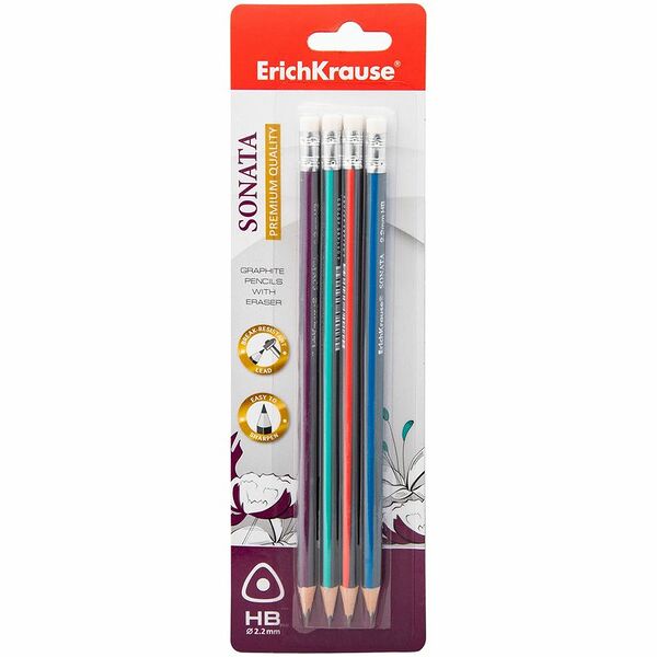 Карандаши ErichKrause Sonata HВ с ластиком, 4шт
