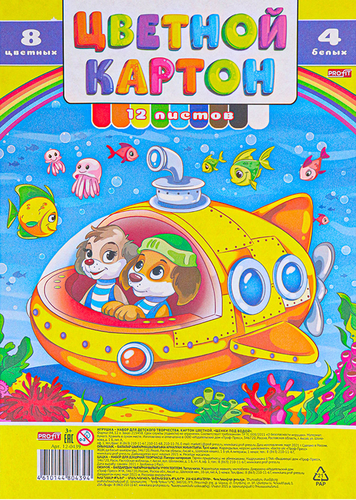 

Картон цветной Profit А4, 12 листов: 8 цветных и 4 белых листа, арт. 12-0434/5/6/9, дизайн в ассортименте