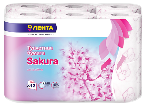 

Туалетная бумага Лента Sakura двухслойная 12 шт, дизайн упаковки в ассортименте