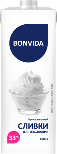 

Сливки ультрапастеризованные Bonvida для взбивания 33% БЗМЖ 1 кг