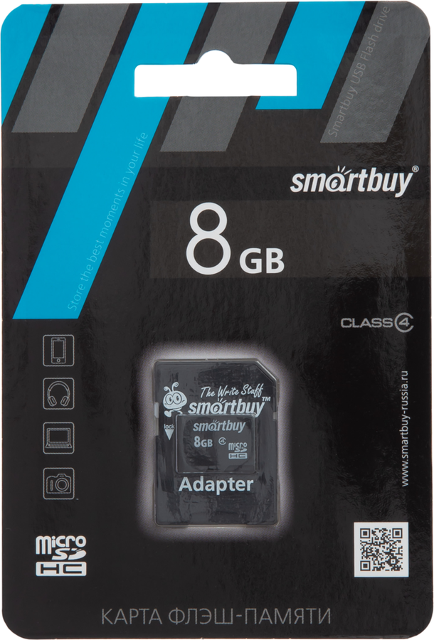

Карта памяти SMARTBUY micro SDHC 8GB Сlass 4, с адаптером SD