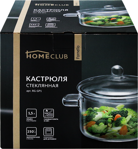 Кастрюля HOMECLUB Fornello, с крышкой, жаропрочное стекло, 1.5л, Арт. RG-GP1