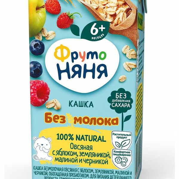 Кашка ФрутоНяня безмолочная овсяная с яблоком, земляникой, малиной и черникой с пребиотиком 200 мл