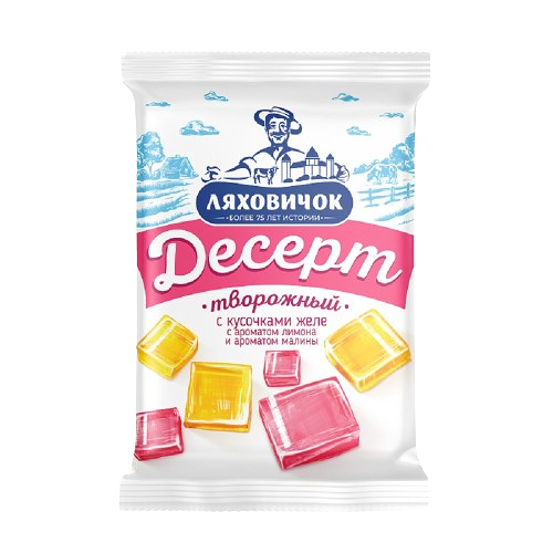 Десерт творожный Лакомка 6% с кус желе аром лимона малины 200г