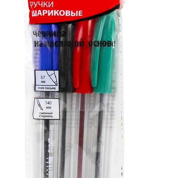 Набор ручек шариковых масляных 4шт ассорти Rite-Oil 0,35мм 142150 Brauberg