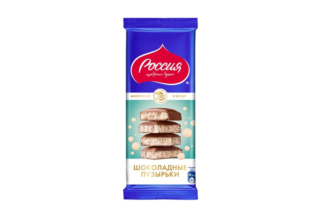 

Шоколад Россия - Щедрая душа! Шоколадные пузырьки молочный и белый пористый 75 г