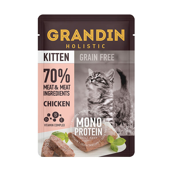 Kitten Grain free Monoprotein Влажный корм Grandin (пауч) для котят, патэ из нежного мяса курицы в желе, 85 гр.
