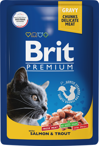 

Влажный корм для кошек Brit лосось-форель в соусе жидкий 85 г