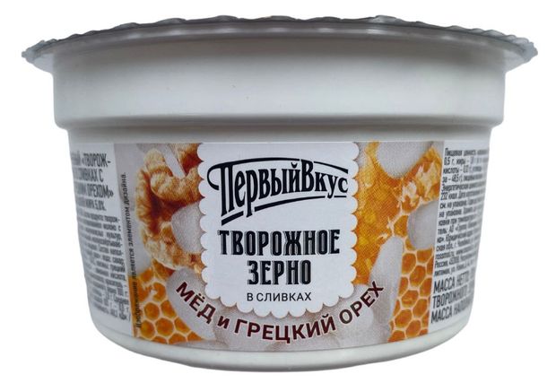 

Творог зерненый Первый Вкус в сливках мед-орех бзмж 130 г