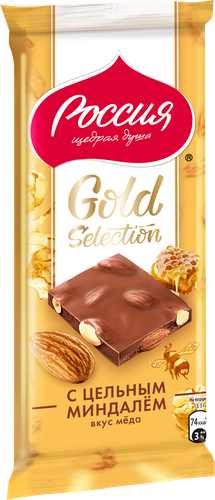 

Шоколад Россия - Щедрая душа! Gold Selection молочный с цельным миндалем вкус меда 80 г