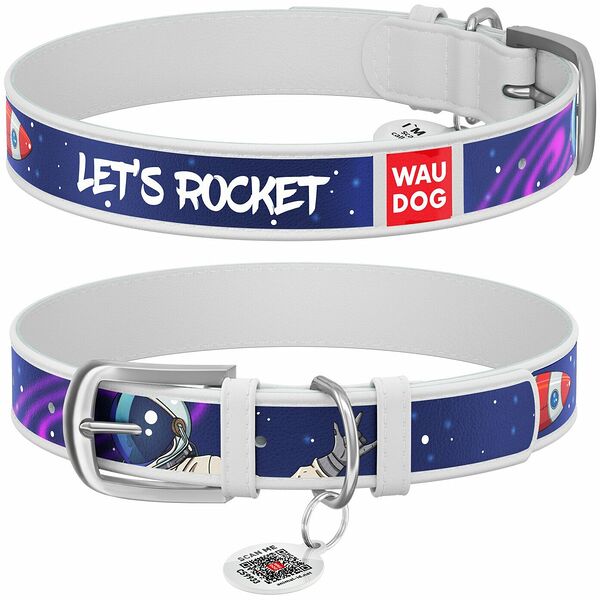 Ошейник Collar WAUDOG кожа с QR-паспортом Космос. Ракета белый для собак 27-36 см