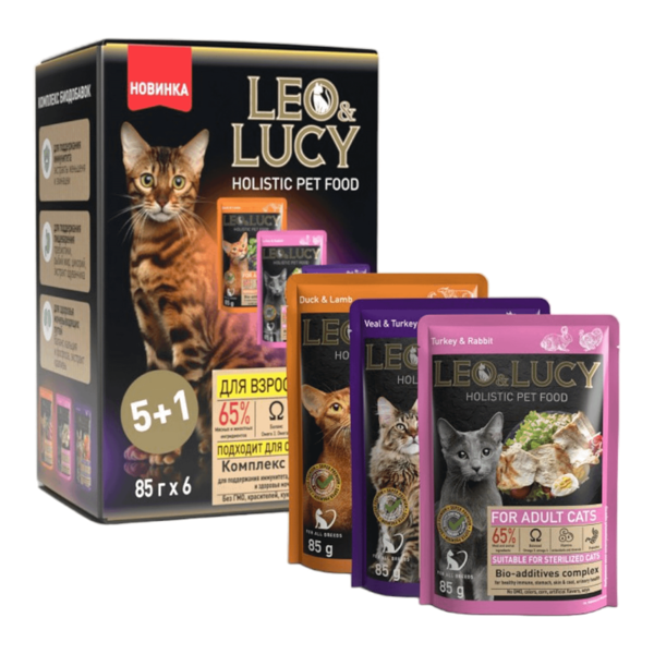 Влажный корм Leo&Lucy Ассорти 5+1 НТС 3 вкуса кусочки в соусе для кошек 85 г х 6 шт