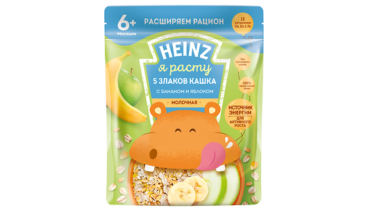 Каша 5 злаков молочная Heinz с бананом и яблоком, с 6 месяцев, 200г