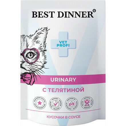 Корм влажный Best Dinner Exclusive Vet Profi Urinary диетический для взрослых кошек для профилактики мочекаменной болезни, с телятиной, кусочки в соусе 85 г