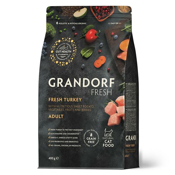 Сухой Беззерновой корм Grandorf Fresh с живыми пробиотиками, для взрослых кошек с чувствительным пищеварением или склонных к аллергии, с мясом индейки и бататом 400 г