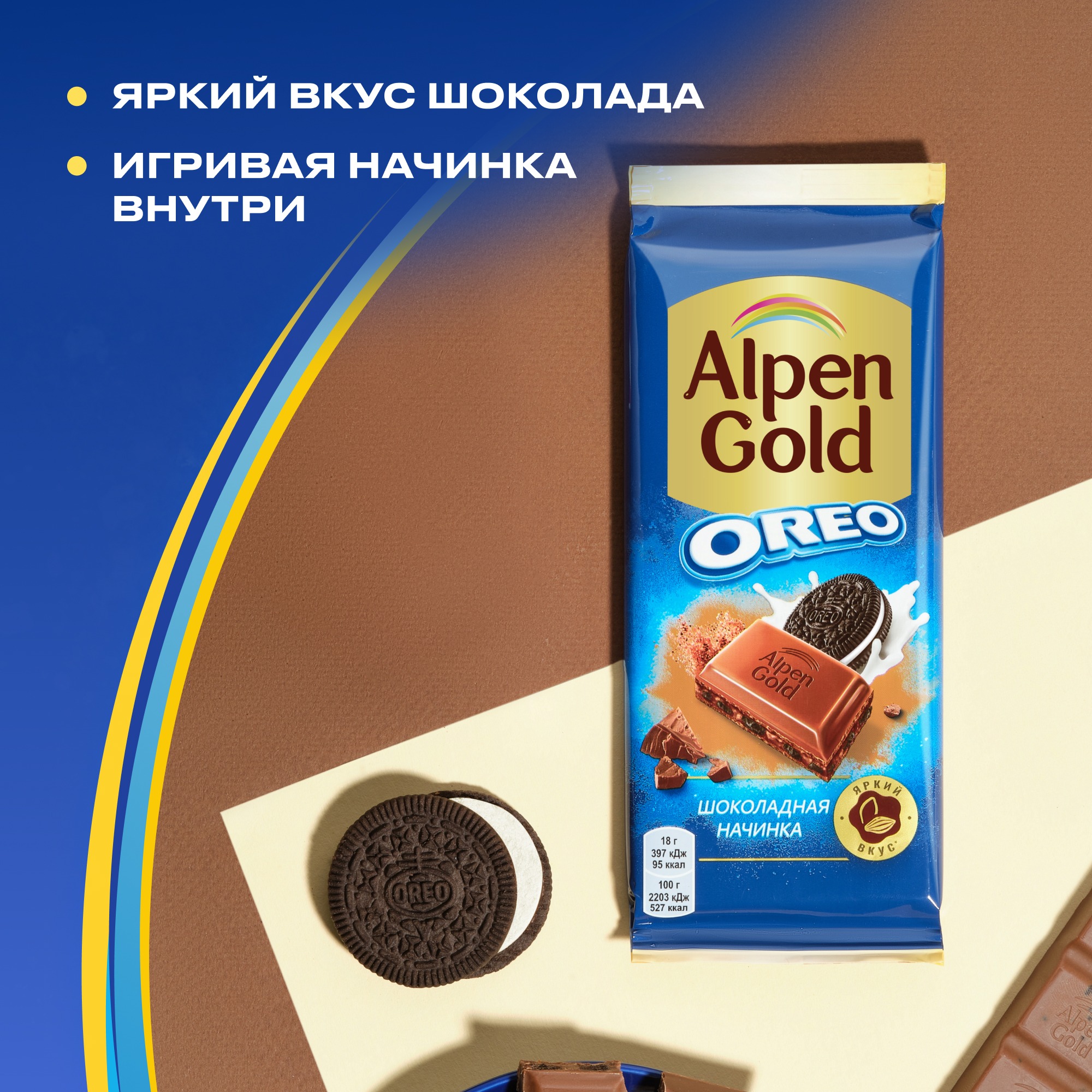 

Шоколад Alpen Gold молочный с шоколадной начинкой и кусочками печенья Оrео, 90 г