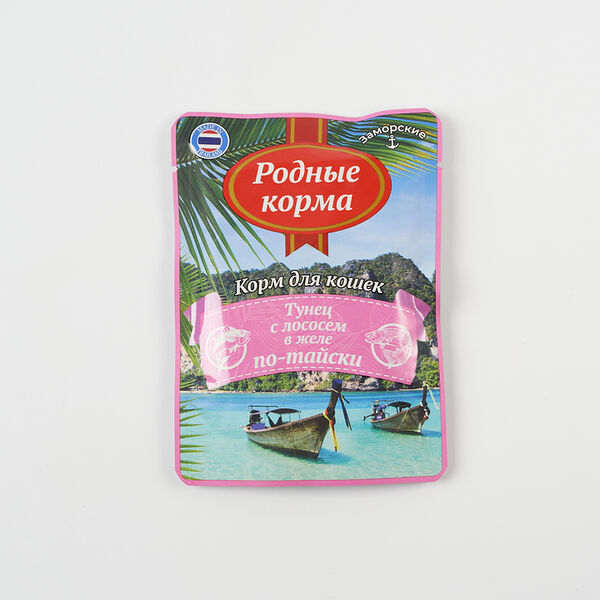 Влажный корм для кошек Родные корма Заморские Тунец с лососем в желе по-тайски 70г