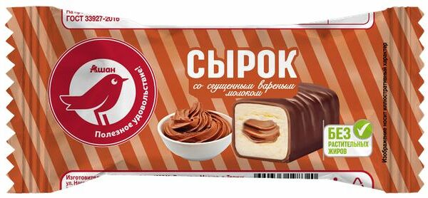 Сырок творожный АШАН Красная птица глазированный со сгущенкой БЗМЖ, 40 г