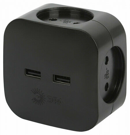 Разветвитель ЭРА электр.SP-4-USB-B на 4роз.+2xUSB 2400mA,б/заземл.10А черный