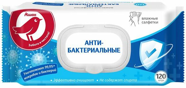 Салфетки влажные АШАН Красная птица антибактериальные, 120 шт