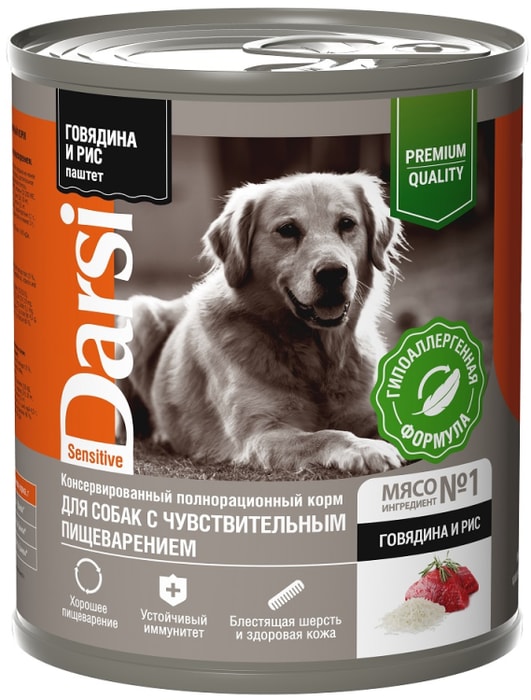 

Влажный корм для собак Darsi Говядина и рис паштет 850 г