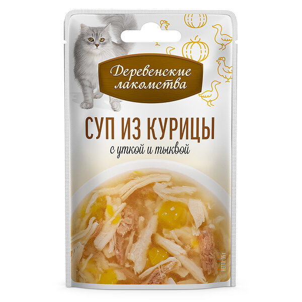 Лакомство для кошек Деревенские лакомства Суп из курицы с уткой и тыквой, 35г
