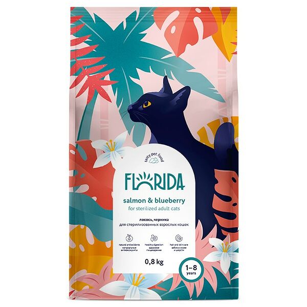 Сухой корм Florida для взрослых стерилизованных кошек Лосось и черника 800 г