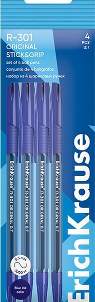 Набор ручек ErichKrause R-301 Stick&Grip Original шариковые синие 1.0 4шт