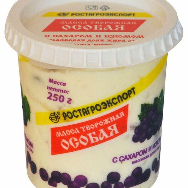 Масса творожная Особая Ростагроэкспорт с сахаром и изюмом 23%