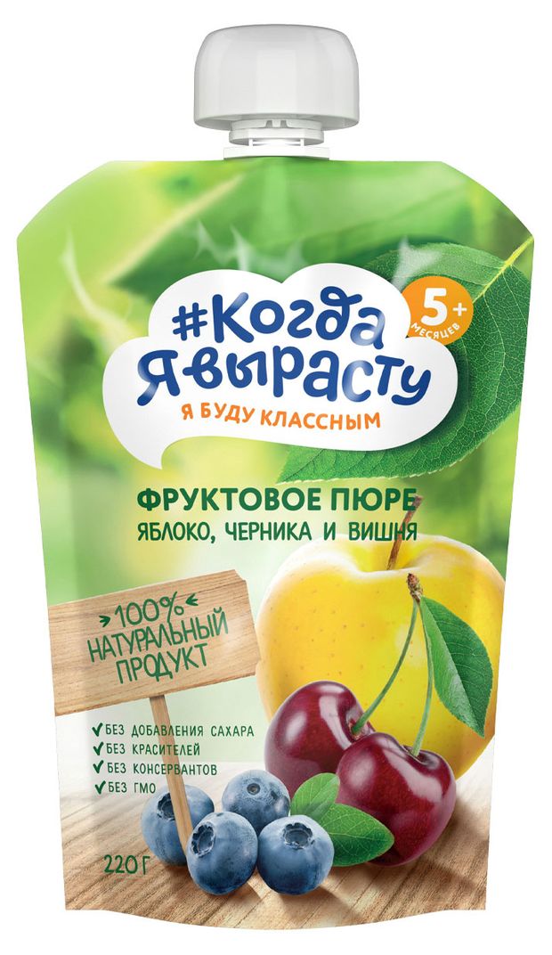 

Пюре фруктовое Когда я вырасту Яблоко, вишня и черника с 5 месяцев 220 г