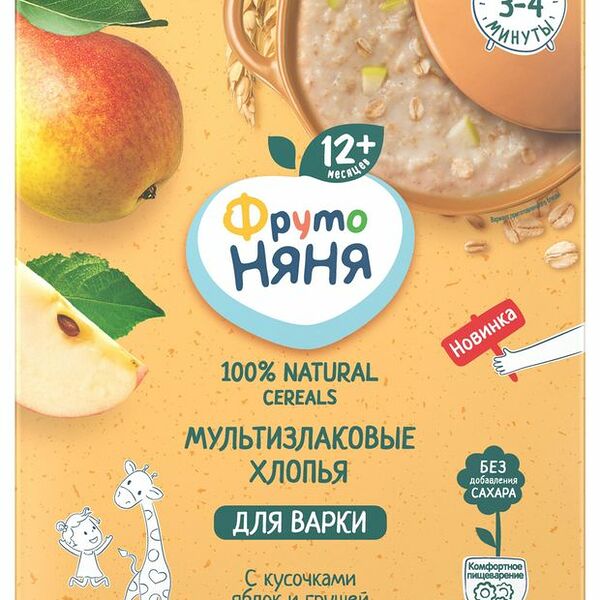 Каша для варки Фрутоняня безмолочная мультизлаковые хлопья с кусочками яблок и грушей 200 г