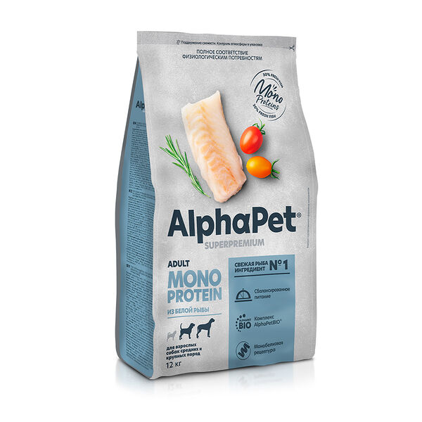 Adult Monoprotein Сухой корм AlphaPet для собак средних и крупных пород, белая рыба, 12 кг