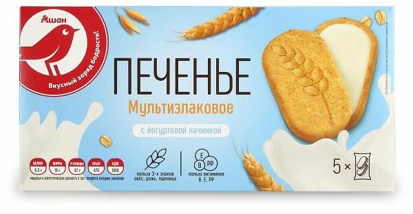 Печенье мультизлаковое АШАН Красная птица с йогуртовой начинкой, 283 г