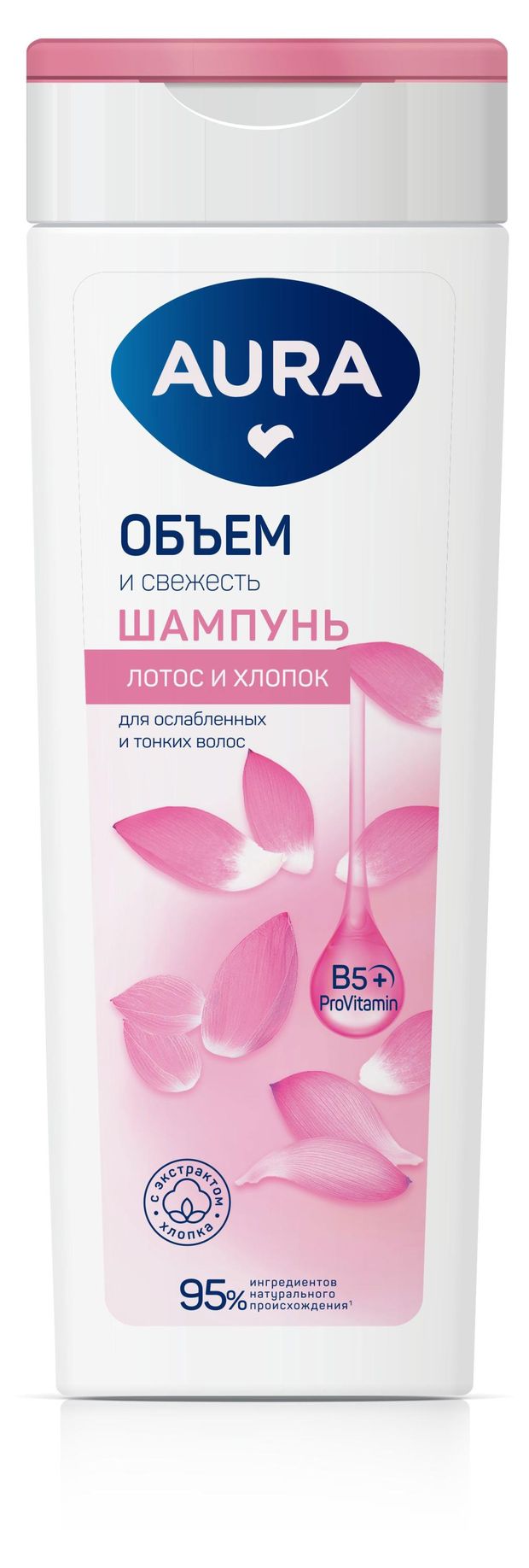 

Шампунь Aura Объем и свежесть Лотос и хлопок для ослабленных волос 380 мл