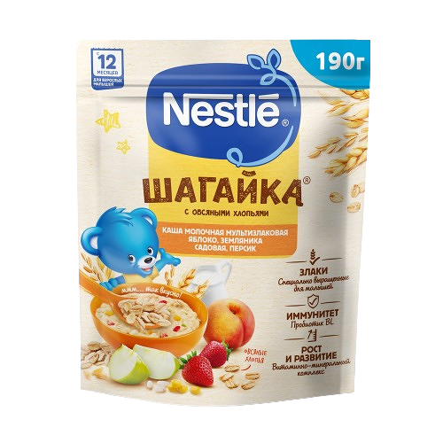 Каша молочная Nestle Злаковая яблоко земляника персик 190г