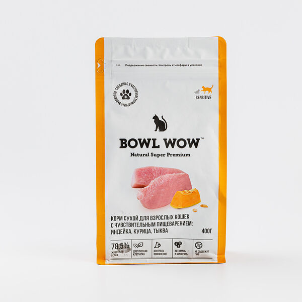 Сухой корм Bowl Wow с индейкой и тыквой для кошек с чувствительным пищеварением 400 г