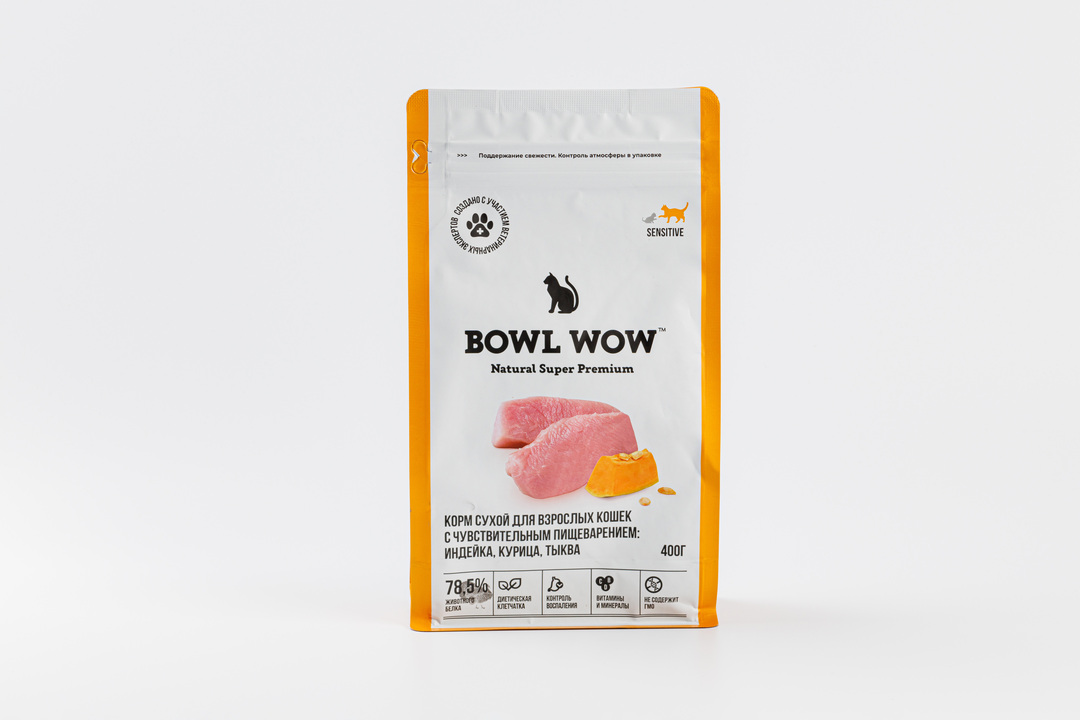 

Корм для кошек Bowl Wow с чувствительным пищеварением с индейкой, курицей и добавлением тыквы 400 г