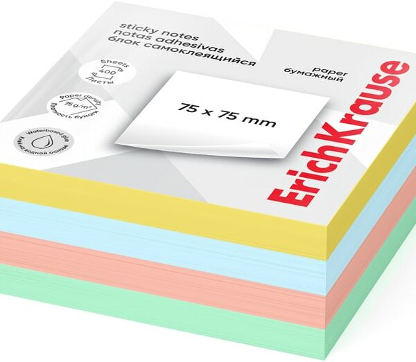 Блок самоклеящийся ErichKrause бумажный 4 цвета 75*75мм 400 листов
