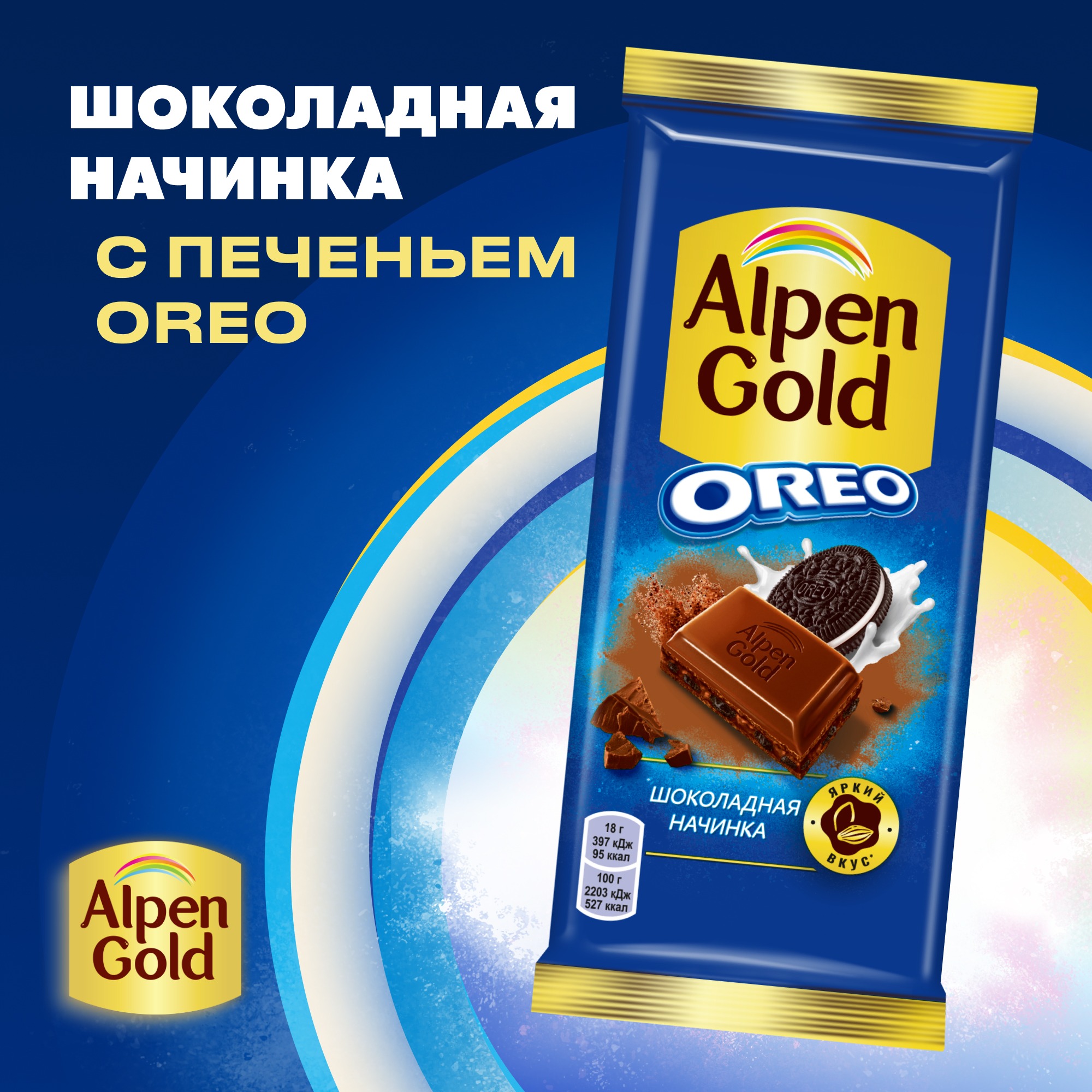 

Шоколад Alpen Gold молочный с шоколадной начинкой и кусочками печенья Оrео, 90 г