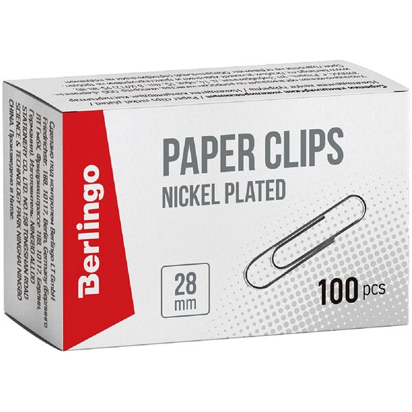 Скрепки 28мм Berlingo 100шт никелированные карт упак BK2511