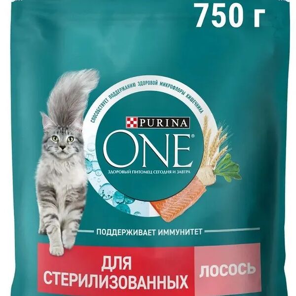 Сухой корм Purina ONE® полнорационный для стерилизованных кошек и кастрированных котов, с высоким содержанием лосося, 750 г