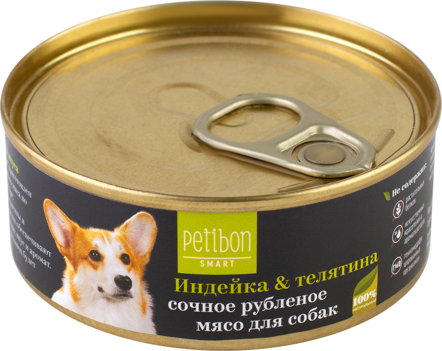 

Влажный корм для собак Petibon Smart рубленое мясо с индейкой и телятиной 100 г