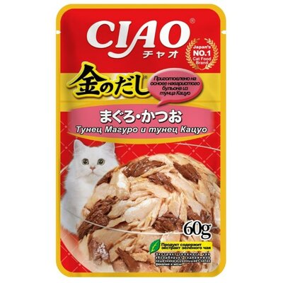Влажный корм для кошек Инаба Чао (Inaba Ciao) Золотой бульон (Kinnodashi) Тунец магуро и тунец кацуо в желе 60 г