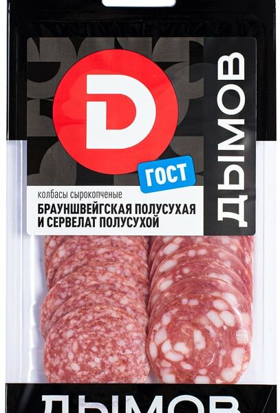Колбаса Дымов Ассорти брауншвейгская полусухая  + сервелат сырокопченый нарезка 90г