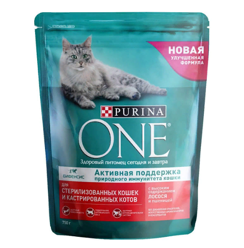 Корм сухой для кошек Purina ONE с лососем и пшеницей, для стерилизованных кошек и котов